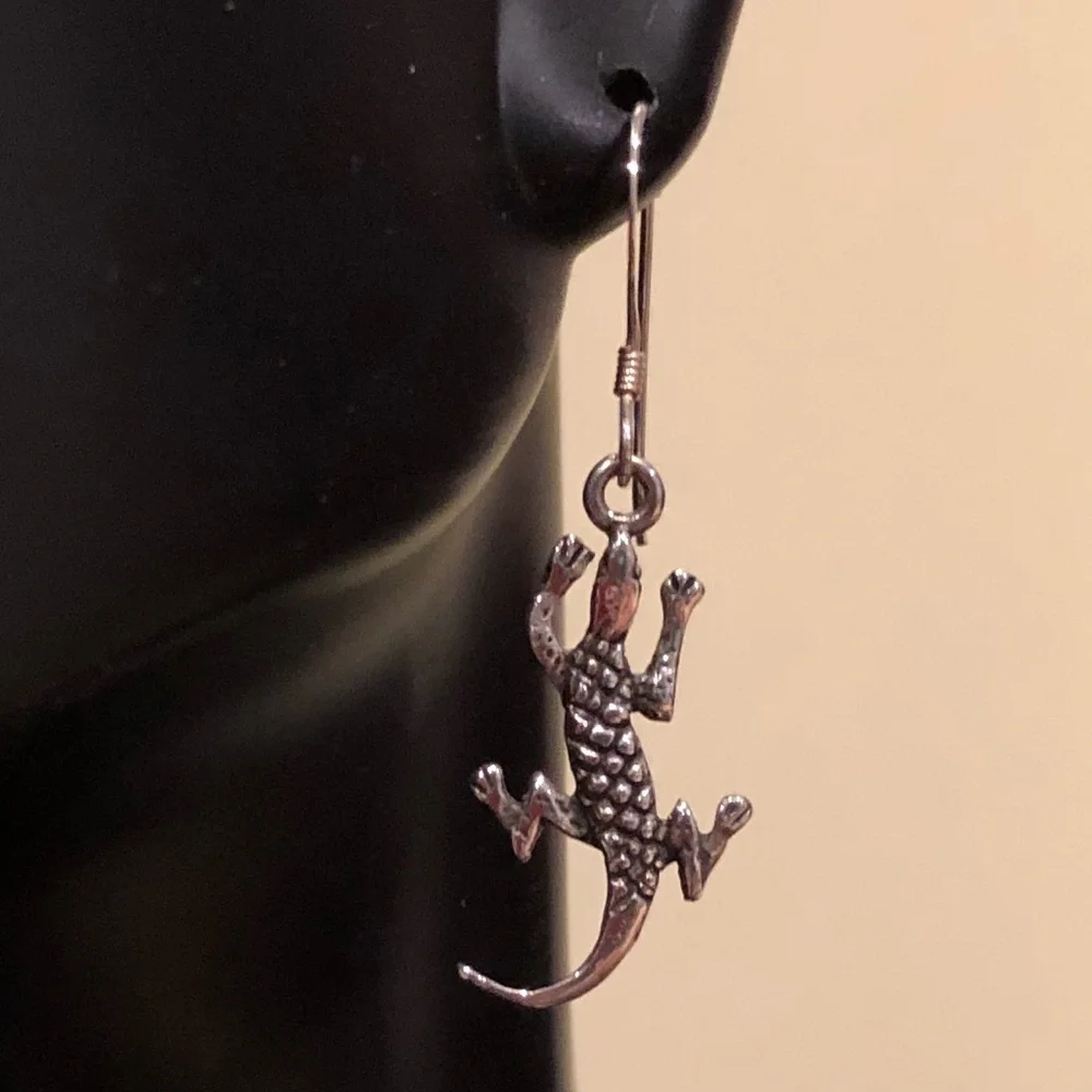 Southwest Gecko Dangle Sterling Earrings Artist Marked .925 Silver